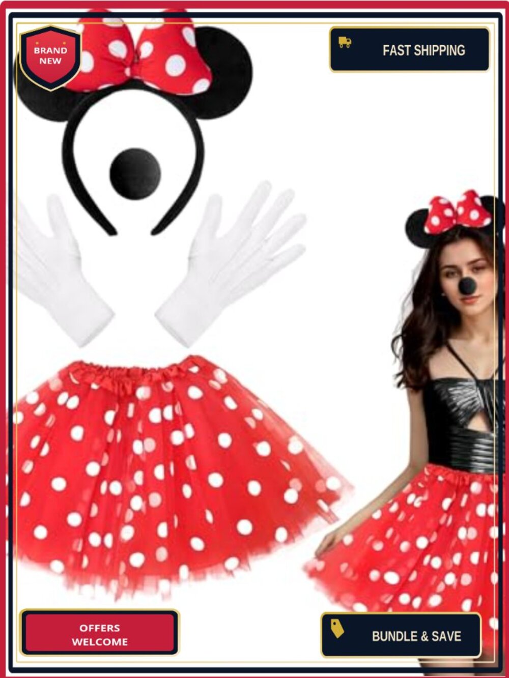 Mouse Costume Accessory Set: Tutu Skirt, Ear Headband, Nose, Gloves